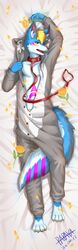  2020 absurd_res anthro bedding bedding_background blonde_hair blue_body blue_fur blush canid canine canis clothed clothing collar dakimakura dakimakura_design dated fangs front_view full-length_portrait fur glistening glistening_eyes green_eyes grey_onesie hair hi_res leash lying male mammal on_back onesie open_mouth papayafurry pink_body pink_fur portrait red_collar red_leash signature solo teeth white_body white_fur wolf yellow_rose 