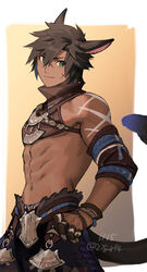  1boy abs animal_ears arm_tattoo armor bare_shoulders black_tail blue_hair blue_tail brown_collar brown_fur brown_hair brown_sleeves brown_tail cat_boy cat_tail chest_armor closed_mouth collar colored_inner_hair commentary cowboy_shot dark-skinned_male dark_skin dated detached_sleeves eyebrows eyebrows_hidden_by_hair final_fantasy final_fantasy_xiv finger_cots fur-trimmed_armor fur_trim gradient_background green_eyes hair_between_eyes hand_on_own_hip high_collar looking_to_the_side making-of_available male_focus medieval medium_hair messy_hair midriff miqo&#039;te mn_(zig_r14) multicolored_hair multicolored_tail navel plate_armor scar scar_on_cheek scar_on_face scar_on_nose sidelocks sideways_glance simple_background smile solo split_mouth standing tail tattoo toned toned_male tribal tribal_tattoo tsurime twitter_username two-tone_hair warrior_of_light_(ff14) white_background wristband yellow_background 