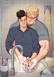  2boys artist_name bara black_hair black_shirt blonde_hair closed_eyes closed_mouth couple cris_art earrings grey_shirt hair_between_eyes hand_soap hug hug_from_behind hulkling indoors jewelry male_focus marvel multiple_boys muscular muscular_male patreon_username restroom shirt short_hair sleeves_rolled_up smile soap undercut washing washing_hands water wiccan yaoi 