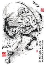  aqua_eyes baseball_cap belt breasts character_name chinese_commentary chinese_text cleavage commentary_request female fingerless_gloves full_body gloves hair_over_one_eye hand_up hat hataraku_saibou hataraku_saibou_black holding holding_sword holding_weapon ink_wash_painting jidao_huashi legs_apart long_hair open_clothes open_mouth open_shirt seal_impression solo spot_color sword traditional_media translation_request u-1196 weapon white_blood_cell_(hataraku_saibou) 