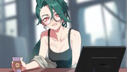  alternate_breast_size blurry blurry_background blush breasts bright_pupils cleavage clenched_teeth collarbone commentary cup drunkoak earrings female glasses green_hair highres holding holding_cup indoors jewelry long_hair looking_down medium_breasts parted_lips pokemon pokemon_sv ponytail red_eyes rika_(pokemon) round_eyewear shiny_skin solo stud_earrings tablet_pc tank_top teeth white_pupils 