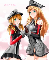  2girls anchor_hair_ornament aqua_eyes artist_name bismarck_(kancolle) black_panties blonde_hair breasts brown_gloves character_name commentary_request cowboy_shot cross gloves hair_ornament hat highres holding_hands interlocked_fingers iron_cross kantai_collection large_breasts long_hair long_sleeves low_twintails microskirt military military_uniform multiple_girls open_mouth panties peaked_cap pink_background prinz_eugen_(kancolle) saber-freedom signature skirt smile twintails underwear uniform white_gloves white_panties 