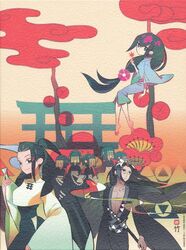  1boy 2girls black_hair green_eyes green_hair katana katanagatari mask multiple_girls scan sword take_(illustrator) tsuruga_meisai uneri_ginkaku weapon yasuri_nanami 