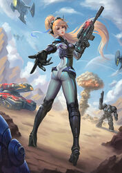  armor ass blonde_hair bodysuit boobplate breastplate cannon commentary day english_commentary explosion female full_body ghost_(starcraft) glowing grey_bodysuit gun headset heroes_of_the_storm highres holding holding_gun holding_weapon jim_raynor long_hair looking_at_viewer looking_back marine_(starcraft) military military_vehicle motor_vehicle mushroom_cloud nova_(starcraft) nuclear_explosion outdoors parted_lips photoshop_(medium) planet ponytail power_armor reaching reaching_towards_viewer rifle science_fiction sgt_hammer siege_tank_(starcraft) sky sniper_rifle solo_focus spacecraft standing starcraft starfighter tank terran tongue tongue_out twisted_torso weapon wenfei_ye wraith_(starcraft) 