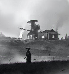  3boys absurdres burning burning_building cage cannibalism collar commentary creature english_commentary fire greyscale hat highres holding house japanese_clothes kalmahul katana looking_at_another male_focus metal_collar monochrome multiple_boys original ronin scenery sitting standing sword tree weapon 