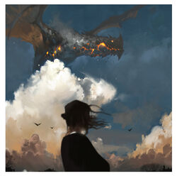  absurdres animal bird blurry blurry_foreground border cloud cloudy_sky commentary dragon fantasy female glowing glowing_eye highres kalmahul original scenery short_hair sky white_border wings 