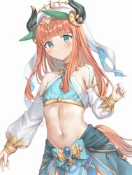  animal_ears armlet blue_skirt blush bracer breasts brooch circlet commentary cosplay fake_horns female genshin_impact green_eyes hair_ornament harem_outfit highres horns horse_ears horse_girl horse_tail jewelry large_breasts long_hair long_sleeves looking_at_viewer navel neck_ring nilou_(genshin_impact) nilou_(genshin_impact)_(cosplay) oshage_(osyage921) puffy_long_sleeves puffy_sleeves red_hair sash sidelocks silence_suzuka_(umamusume) skirt solo stomach tail umamusume veil white_veil 