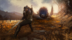  1boy absurdres armor blue_hair boots brown_footwear brown_pants commentary creature fence fighting_stance from_behind geralt_of_rivia grass griffin highres holding holding_sword holding_weapon house kalmahul knee_boots looking_at_another male_focus nature outdoors pants scenery shoulder_armor standing sunset sword the_witcher_(series) the_witcher_3 weapon white_hair wings 