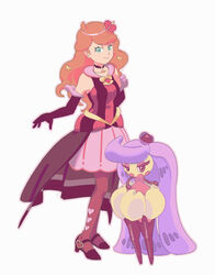  alternate_color alternate_hairstyle bad_id bad_pixiv_id bare_shoulders crown dress elbow_gloves eyelashes gloves green_eyes hair_down high_heels highres long_hair mini_crown official_alternate_costume orange_hair pantyhose pendant_choker pokemon pokemon_(creature) pokemon_masters_ex purple_dress purple_hair purple_legwear sayo626218 shiny_pokemon short_dress sleeveless sleeveless_dress sonia_(pokemon) sonia_(special_costume)_(pokemon) striped_clothes striped_dress swept_bangs thighhighs tri_tails tsareena 