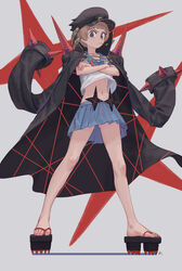  absurdres banchou bob_cut brown_eyes brown_hair closed_mouth crescent crescent_hat_ornament crossed_arms delinquent female full_body grey_background hat hat_ornament highres jacket jacket_on_shoulders kill_la_kill looking_at_viewer mankanshoku_mako max-k midriff mouth_hold pleated_skirt sandals school_uniform serafuku simple_background skirt solo spikes standing wind wind_lift 