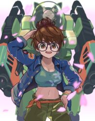  aoshima_fuuka blue_jacket bracelet breasts brown_hair cleavage collarbone commentary feline female glasses green_pants hair_bun hand_on_headwear hand_on_own_hip highres jacket jewelry kunikuni_(kunihiro2005) looking_at_viewer mecha medium_breasts midriff navel pants robot sakura_kakumei sakura_taisen single_hair_bun smile v-shaped_eyebrows wrench 