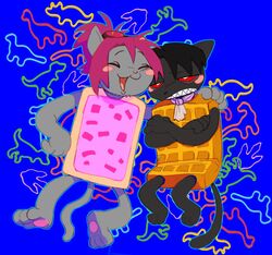  2000s_theme alternate_form alternate_species ambiguous_gender anthro anthrofied attack_on_titan black_body black_fur colorful_theme crossed_arms domestic_cat duo eyewear eyewear_on_head facial_hair felid feline felis food food_creature frown fur furrification goggles goggles_on_head hair handpaw hange_zoe hindpaw levi_ackerman living_pastry male mammal meme nyan_cat nyan_cat_(copyright) okamiwolven open_mouth open_smile pawpads paws pink_hair ponytail pop-tarts poptart_cat poptart_creature sharp_teeth silly_bandz smile tac_nayn tail teeth 