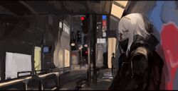  blue_eyes city coat fate/grand_order fate_(series) female hairband highres mary_read_(fate) night profile scar scar_on_face solo traffic_light white_hair yorurokujuu 