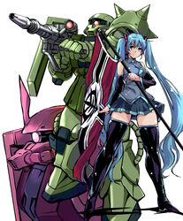  blue_hair commentary female flag gun gundam hatsune_miku holding holding_flag holding_gun holding_weapon kamisimo_90 looking_to_the_side mecha mobile_suit_gundam one-eyed red_eyes robot smile spikes thighhighs twintails vocaloid weapon zaku_ii zaku_ii_s_char_custom zeon zettai_ryouiki 