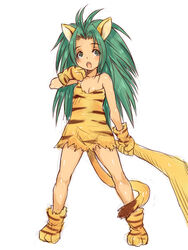  animal_ears animal_hands animal_print boomerang cat_ears cham_cham e10 female food fruit gloves green_eyes green_hair long_hair open_mouth paw_gloves paw_shoes samurai_spirits simple_background solo tail tiger_print white_background 