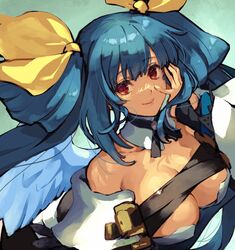  angel_wings asymmetrical_wings bare_shoulders belt blue_hair breasts cleavage cleavage_cutout clothing_cutout commentary detached_collar detached_sleeves dizzy_(guilty_gear) female guilty_gear guilty_gear_xrd hair_between_eyes hair_ribbon hair_rings hand_on_own_face jako_(toyprn) large_breasts long_hair looking_at_viewer mature_female monster_girl red_eyes ribbon shaded_face sidelocks smile solo symbol-only_commentary twintails upper_body wings yellow_ribbon 