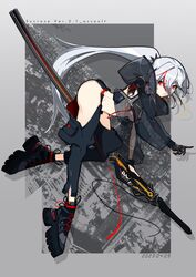  310o_sugar absurdres ass asymmetrical_arms boots dated elbow_gloves english_text female finger_on_trigger gloves grey_hair high_heel_boots high_heels highres holding holding_sword holding_weapon katana ootachi original red_eyes science_fiction see-through_silhouette sheath single_glove solo sword weapon 