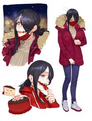  absurdres black_hair breasts cake christmas_cake coat commentary_request denim eating female food fruit full_body fur-trimmed_coat fur_trim glasgow_smile hair_over_one_eye highres jeans korean_commentary kuchisake-onna large_breasts long_hair multiple_views original pants red_eyes sohn_woohyoung strawberry winter_clothes winter_coat zipping 