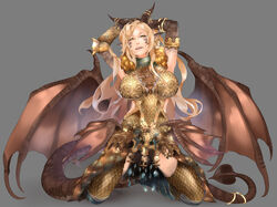  absurd_res accessory animal_humanoid armor big_breasts black_sclera blonde_hair breasts brown_body brown_scales capcom demon demon_humanoid dragon dragon_humanoid elder_dragon female furgonomics gem gold_(metal) gold_jewelry hair hi_res horn horn_accessory humanoid jewelry kiguri kulve_taroth long_hair miraaj_(crabble) monster_hunter multi_wing mythological_creature mythological_scalie mythology pose scales scalie simple_background smile solo spade_tail tail wings yellow_eyes 