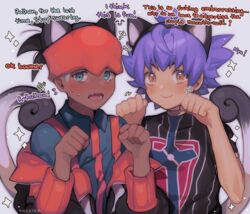  2boys aged_down animal_ears black_hair blush cat_boy cat_ears cat_tail champion_uniform character_name chariko clenched_hands closed_mouth collared_shirt commentary_request dark-skinned_male dark_skin english_text grey_background hands_up headband leon_(pokemon) male_focus multiple_boys open_mouth orange_headband pokemon pokemon_swsh purple_hair raihan_(pokemon) shield_print shirt short_hair short_sleeves simple_background smile sparkle sweat sword_print tail teeth tongue undercut yellow_eyes 