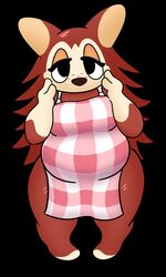  2023 animal_crossing anthro apron apron_only belly big_belly big_breasts big_eyes big_head biped black_background breasts brown_body brown_fur brown_nose clothing dasticil digital_media_(artwork) eulipotyphlan featureless_feet feet female freckles front_view full-length_portrait fur half-closed_eyes hand_on_face hedgehog hi_res looking_at_viewer mammal mouthless narrowed_eyes nintendo overweight overweight_anthro overweight_female portrait sable_able shaded simple_background snout soft_shading solo standing thick_thighs wide_hips 