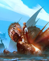  absurdres blue_sky bow_(weapon) breasts brown_dress brown_hair closed_mouth commentary day dragon dress fantasy female glowing glowing_eye highres kalmahul large_breasts long_sleeves original outdoors planted planted_sword red_eyes rock scenery shiny_skin short_hair sky sword weapon 