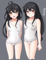  2girls ahoge black_hair blush breasts collarbone cowboy_shot gradient_background grey_background hair_between_eyes hatsushimo_(kancolle) highres ishida_arata kantai_collection long_hair low-tied_long_hair mikazuki_(kancolle) multiple_girls old_school_swimsuit one-piece_swimsuit open_mouth red_eyes school_swimsuit small_breasts smile swimsuit twitter_username white_one-piece_swimsuit yellow_eyes 