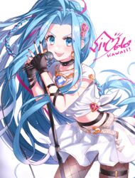  belt black_choker blue_eyes blue_hair bracelet braid choker earrings female fingerless_gloves garter_straps gloves granblue_fantasy hair_ornament hair_ribbon holding holding_microphone jewelry long_hair lyria_(born_to_be_snowdos)_(granblue_fantasy) lyria_(granblue_fantasy) makochi_(skk_21) microphone midriff nail_polish official_alternate_costume open_mouth pantyhose ribbon smile solo sweat very_long_hair white_background white_footwear 