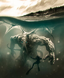  1other absurdres ambiguous_gender cloud cloudy_sky commentary cthulhu cthulhu_mythos eldritch_abomination glowing glowing_eyes highres horror_(theme) kalmahul looking_at_another monster outdoors scenery sky tail tentacle underwater water wings 