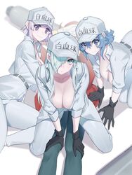  1boy 3girls aqua_eyes aqua_hair baseball_cap black_gloves blue_eyes blue_hair blunt_bangs breasts cleavage clothes_writing cowgirl_position fiodo gloves green_eyes green_hair hair_between_eyes hair_over_one_eye hat hataraku_saibou hataraku_saibou_black kneeling large_breasts leaning_forward long_hair looking_at_viewer lying multiple_girls on_back one_eye_covered pale_skin pants purple_eyes purple_hair red_blood_cell_(hataraku_saibou) short_hair simple_background sitting smile u-1196 u-1212 u-8787 white_background white_blood_cell_(hataraku_saibou) white_headwear white_pants yokozuwari 