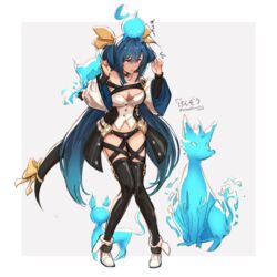  animal bare_shoulders belt beppo_(granblue_fantasy) black_legwear black_panties blue_hair breasts cleavage cleavage_cutout clothing_cutout dizzy_(guilty_gear) female fugee_(granblue_fantasy) geegee_(granblue_fantasy) granblue_fantasy granblue_fantasy_versus guilty_gear guilty_gear_xrd hair_between_eyes hair_ribbon hair_rings highres k3nzoteruta long_hair midriff navel nicola_(granblue_fantasy) open_mouth panties pigeon-toed red_eyes ribbon simple_background tail tail_ornament tail_ribbon thighhighs twintails underwear white_background wide_sleeves yellow_ribbon 