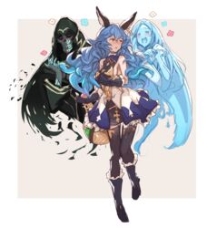  1boy 2girls animal_ears bare_shoulders blood blue_hair blush breasts brown_eyes dress ear_piercing erune ferry_(granblue_fantasy) flask flower frilled_dress frilled_skirt frills gloves granblue_fantasy granblue_fantasy_versus guilty_gear hair_between_eyes heart highres k3nzoteruta long_hair miniskirt multiple_girls necro_(guilty_gear) nosebleed open_mouth piercing red_eyes sideboob simple_background skirt skull thighhighs undine_(guilty_gear) 