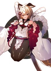  absurdres animal_ear_fluff animal_ears blonde_hair blush breasts brown_pantyhose detached_sleeves dog_ears dress erune female full_body granblue_fantasy highres katana oerba_yun_fang pantyhose pelvic_curtain rope sandals short_hair simple_background sitting sleeveless sleeveless_dress small_breasts solo soukou_makura sword vajra_(granblue_fantasy) wariza weapon white_background 