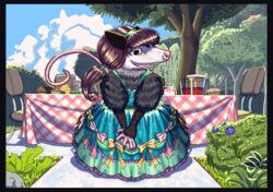  alternative_fashion american_opossum blue_border border bow_(feature) bow_dress clothing clothing_bow dahbastard dress eukaryoticprokaryote eukayoticprokaryote female flower food hi_res hime_lolita j-fashion lolita_(fashion) mammal marsupial plant solo sparkles 