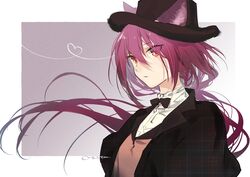  animal_ears arknights black_bow black_bowtie black_hat black_jacket bow bowtie brown_vest cat_ears commentary ears_through_headwear female floating_hair formal hair_between_eyes hat heart heart_of_string highres jacket long_hair looking_at_viewer melantha_(arknights) melantha_(letters_from_wessex)_(arknights) o_kita915 official_alternate_costume open_clothes open_jacket orange_eyes parted_lips purple_background purple_hair shirt signature simple_background solo turtleneck upper_body vest white_shirt 