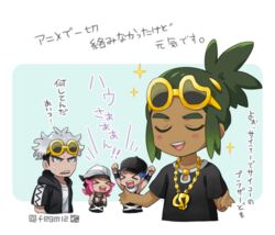  &gt;_&lt; 3boys black_hair black_hoodie black_shirt blush closed_eyes commentary_request dark-skinned_male dark_skin eyewear_on_head female green_hair grey_eyes guzma_(pokemon) hau_(pokemon) hood hoodie jewelry multicolored_hair multiple_boys necklace open_clothes open_hoodie open_mouth pokemon pokemon_sm punk_girl_(pokemon) punk_guy_(pokemon) sewenan shirt short_sleeves smile sunglasses teeth tongue translation_request two-tone_hair white_shirt yellow-framed_eyewear 