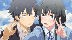  1boy absurdres black_hair blouse blue_eyes blue_shirt blush braid collared_shirt female hair_tie highres hikigaya_hachiman long_hair long_sleeves shirt short_hair shou937 v yahari_ore_no_seishun_lovecome_wa_machigatteiru. yukinoshita_yukino 