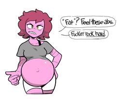  2018 alien alien_humanoid belly big_belly biped breasts clothed clothing colored dialogue digital_drawing_(artwork) digital_media_(artwork) english_text female fingers front_view gesture hair hand_gesture humanoid in_denial lewdlemage looking_at_viewer medium_breasts navel open_mouth outie_navel pink_body pink_hair pink_skin pointing pointing_at_self portrait pregnant pregnant_female profanity sharp_teeth simple_background solo speech_bubble standing talking_to_viewer teeth text three-quarter_portrait white_background winona_rider worm_humanoid yellow_eyes 