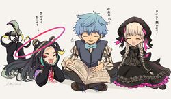  2boys beret black_dress black_hair blue_hair book bow bowtie braid closed_eyes doll_joints dress fate/grand_order fate_(series) female grey_hair halo hans_christian_andersen_(fate) hat highres indian_style joints lying multiple_boys nursery_rhyme_(fate) o-miya_(ohmiya_you) on_stomach own_hands_together sitting taisui_xingjun_(fate) translated twin_braids 