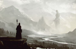  2others absurdres ambiguous_gender castle commentary fog forest giant helmet highres holding holding_staff kalmahul looking_at_another mountain multiple_others nature original outdoors river robe scenery staff standing 