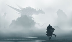  1other absurdres ambiguous_gender blue_theme commentary dragon fantasy fog from_behind from_side glowing glowing_eye highres horse kalmahul monochrome original outdoors riding scenery spikes tail wings 