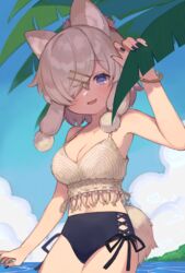  alpaca_ears alpaca_girl alpaca_suri_(kemono_friends) alpaca_tail alternate_costume animal_ears bare_shoulders bikini black_bikini black_nails blue_eyes blush bracelet breasts commentary_request day female hair_bun hair_ornament hair_over_one_eye hair_tubes hairclip highres jewelry kemono_friends navel noamem outdoors short_hair sleeveless solo stomach straddling swimsuit tail two-tone_bikini white_bikini white_hair 