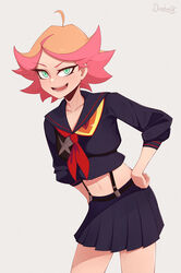  amanda_o&#039;neill artist_name blush company_connection cosplay darahan female green_eyes grey_background hands_on_own_hips kill_la_kill little_witch_academia looking_at_viewer matoi_ryuuko matoi_ryuuko_(cosplay) midriff navel orange_hair pleated_skirt red_hair senketsu short_hair simple_background skirt solo suspenders trigger_(company) 