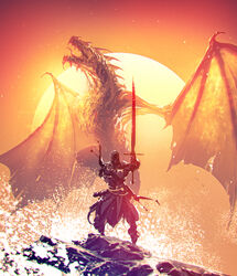  1other absurdres ambiguous_gender bow_(weapon) commentary dragon english_commentary fantasy glowing glowing_eyes highres holding holding_sword holding_weapon hood hood_up kalmahul looking_at_viewer open_mouth orange_background original red_background rock scenery sharp_teeth standing sun sword teeth tongue tongue_out water weapon weapon_on_back wings 