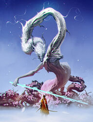  1boy absurdres brown_hair brown_kimono commentary divine_dragon_(sekiro) dragon eastern_dragon fantasy flower from_behind highres holding holding_sword holding_weapon horns japanese_clothes kalmahul katana kimono male_focus night ninja ponytail scarf sekiro sekiro:_shadows_die_twice short_hair sky sword topknot weapon 