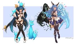  ! 1boy 3girls anger_vein animal animal_ears bare_shoulders belt beppo_(granblue_fantasy) black_panties black_thighhighs blood blue_hair blush breasts brown_eyes cleavage cleavage_cutout clothing_cutout dizzy_(guilty_gear) dress ear_piercing erune ferry_(granblue_fantasy) flask flower frilled_dress frilled_skirt frills fugee_(granblue_fantasy) geegee_(granblue_fantasy) gloves granblue_fantasy granblue_fantasy_versus guilty_gear guilty_gear_xrd hair_between_eyes hair_ribbon hair_rings heart highres k3nzoteruta long_hair midriff miniskirt multiple_girls navel necro_(guilty_gear) nicola_(granblue_fantasy) nosebleed open_mouth panties piercing pigeon-toed red_eyes ribbon sideboob simple_background skirt skull tail tail_ornament tail_ribbon thighhighs twintails twitter_username underwear undine_(guilty_gear) white_background wide_sleeves yellow_ribbon 