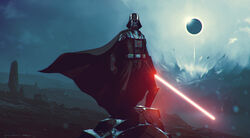  1boy absurdres black_cape cape commentary darth_vader eclipse energy_sword facing_viewer helm helmet highres holding_lightsaber kalmahul lightsaber male_focus outdoors red_lightsaber science_fiction signature solar_eclipse solo star_wars sun sword weapon 