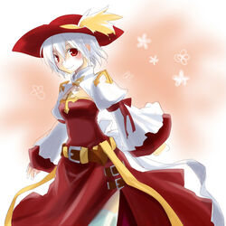  arch_bishop_(ragnarok_online) breasts cavalier_hat cleavage_cutout closed_mouth clothing_cutout commentary_request cowboy_shot cross dress female hair_between_eyes juliet_sleeves kiri_nada long_sleeves looking_at_viewer medium_breasts plume puffy_sleeves ragnarok_online red_dress red_eyes red_headwear sash short_hair smile solo thighhighs two-tone_dress white_dress white_hair white_thighhighs yellow_sash 