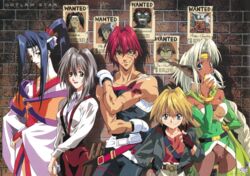  1990s_(style) 2boys 3girls aisha_clanclan animal_ears arm_tattoo artist_request ass_visible_through_thighs baozi black_eyes black_hair blue_eyes blue_hair breasts brick_wall cleavage copyright_name detached_sleeves eating everyone feet_out_of_frame fingerless_gloves food gene_starwind gloves grey_hair gun hand_on_own_hip hand_on_own_shoulder headband high_ponytail holding holding_food holstered james_hawking long_pointy_ears long_sleeves looking_at_viewer melfina_(outlaw_star) multiple_boys multiple_girls necktie non-web_source official_art open_mouth outlaw_star pointy_ears red_hair retro_artstyle scar scar_on_face smile smirk star_tattoo suspenders tattoo thick_eyebrows twilight_suzuka wanted weapon white_hair wide_sleeves 