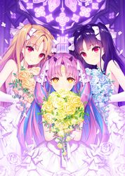  +_+ 3girls alternate_costume black_hair blonde_hair blue_flower blue_hair blue_rose bouquet bow church colored_inner_hair comiket_97 crescent crescent_facial_mark dress ereshkigal_(fate) facial_mark fate/grand_order fate_(series) flower hairbow highres holding holding_bouquet horns ishtar_(fate) long_hair looking_at_viewer mismatched_pupils multicolored_hair multiple_girls orange_flower orange_rose patori pink_hair red_eyes rose siblings sisters smile space_ishtar_(fate) space_ishtar_(third_ascension)_(fate) two_side_up very_long_hair wedding_dress white_bow white_dress white_flower white_rose yellow_eyes yellow_flower yellow_rose 